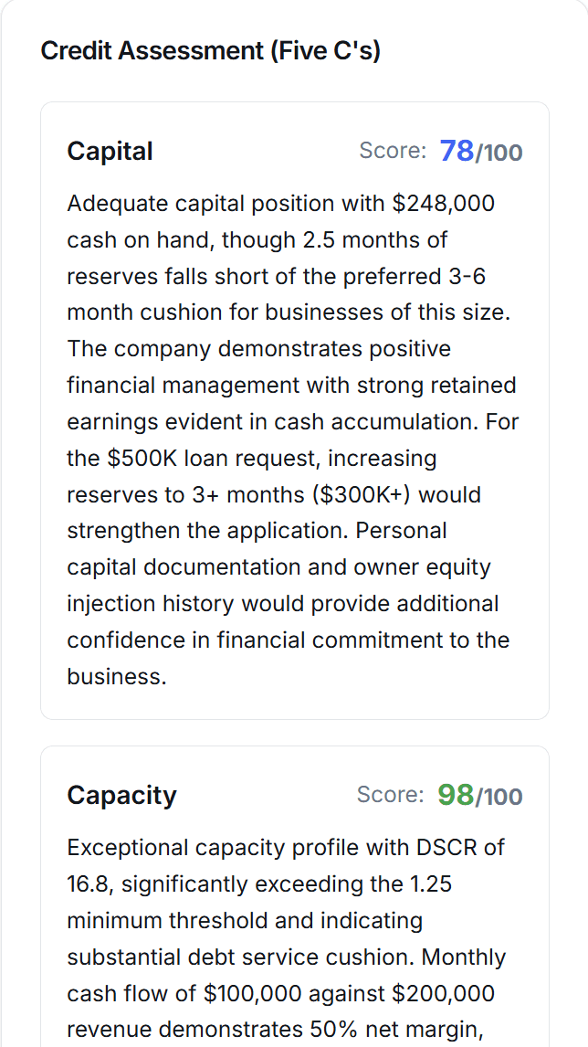 Credit Assessment showing Capital (78/100) and Capacity (98/100) scores